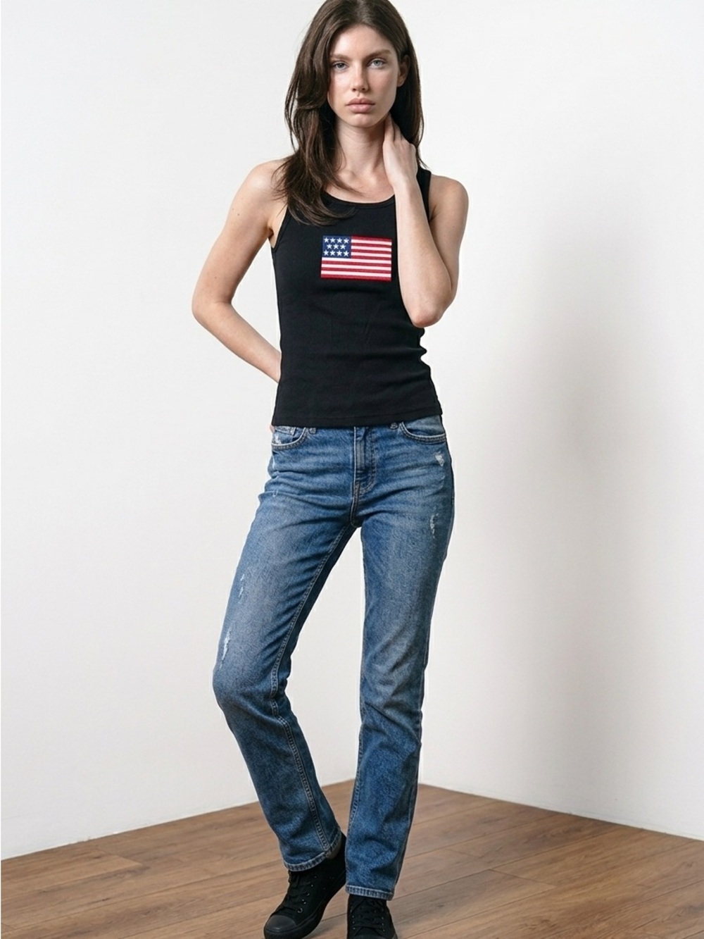 NWOT Zenana Outfitters Black Tank with Embroidered American Flag